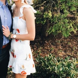 Sweet, polka dot and floral sundress with ruffles.